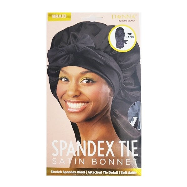 Donna Braid Spandex Tie Satin Bonnet #23208 - Black